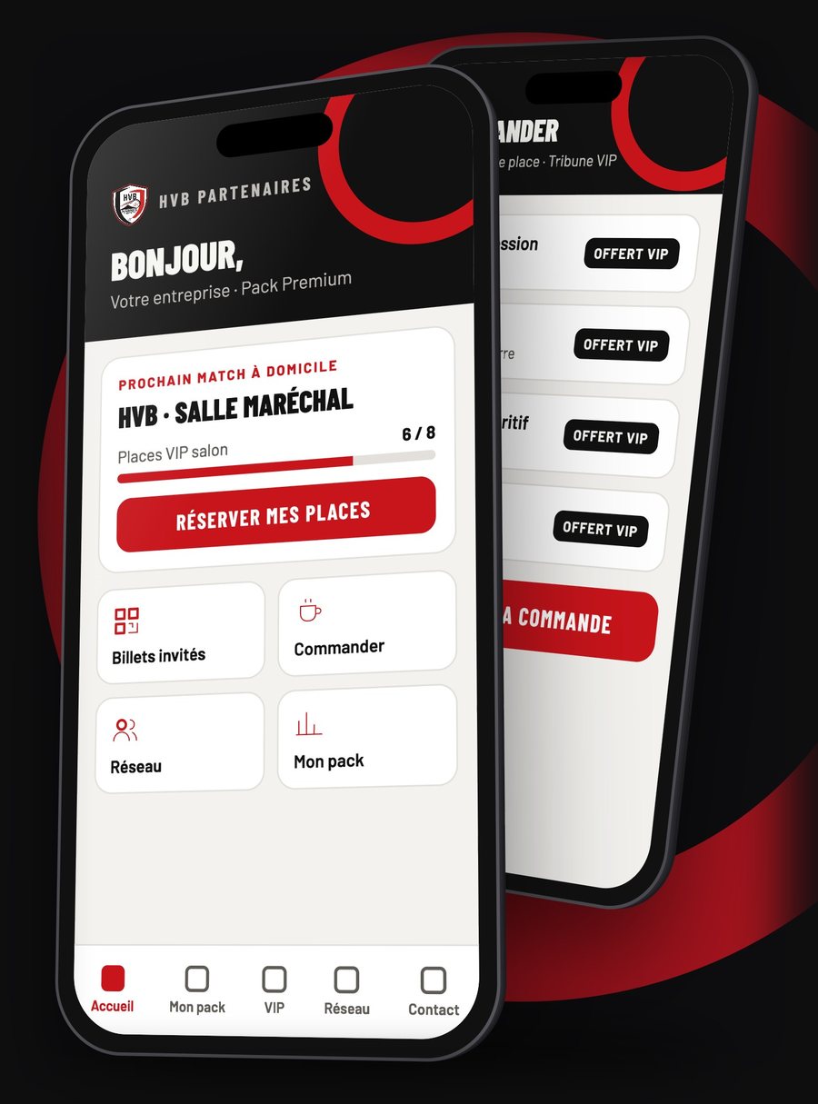 Écrans de l'application HVB Partenaires : accueil et commande en tribune VIP